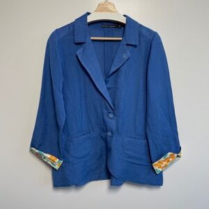 Gudrun Sjoden‎ Blue Linen Modal Blend Blazer Jacket Floral Trim Size S